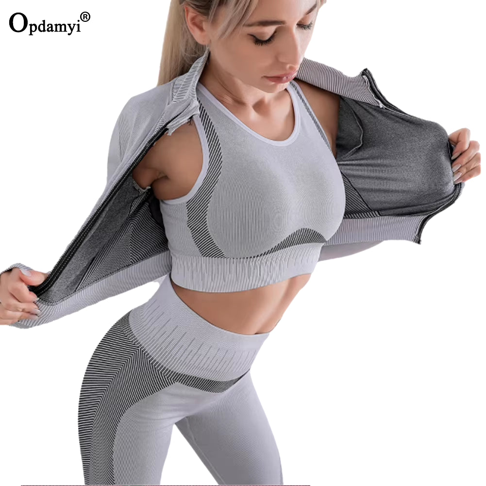 3Pcs Women Seamless Fitness Clothes Yoga Set Sportswear High Waist Leggings + Push up Bra Gym Running Zipper Jacket Workout Wear